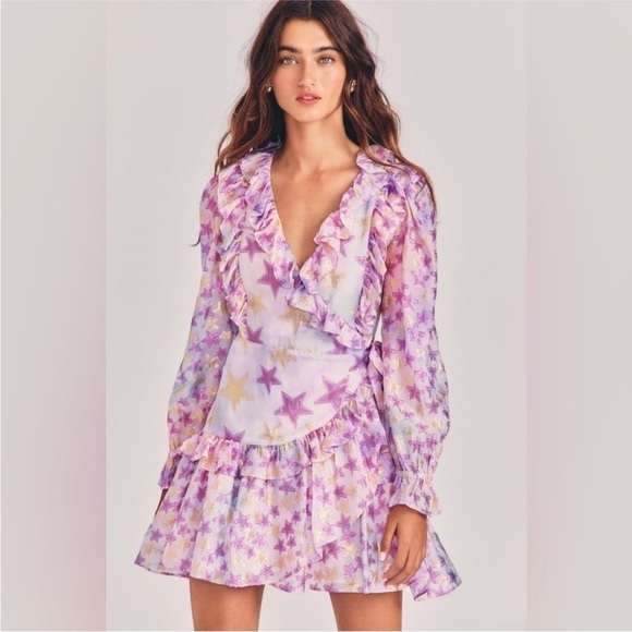 LoveShackFancy Dresses & Skirts - Loveshackfancy-NWT Purple Metallic Star FindlayLongsleeve Ruffle Wrap Mini Dress